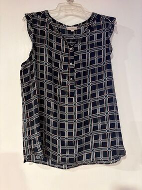 LOFT Navy Plaid Sleeveless Button-Front Blouse